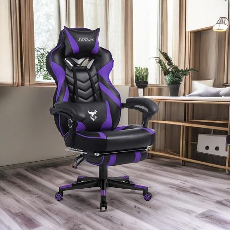 Purple Reclining Computer Chair with Footrest, High Back Gamer Chair with Massage, Large Racing Style Desk Chair for Gaming, Big and Tall Gaming Chairs for Adults