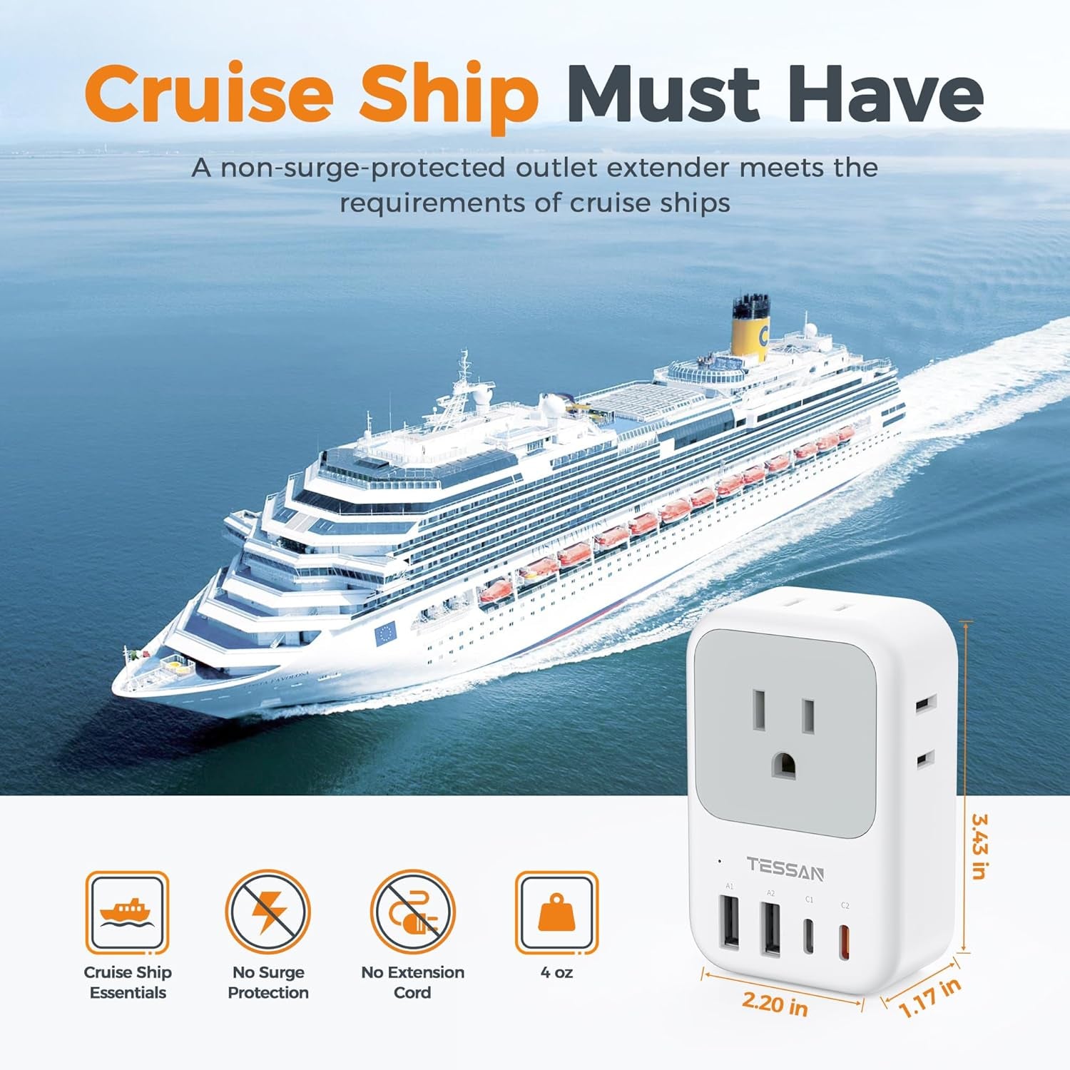 USB C Charger Block 20W,  PD Fast Charging Adapter with Foldable Plug, 1875W Power Outlet Extender(4 AC and 4 USB) for Cruise, Home, Office, Dorm