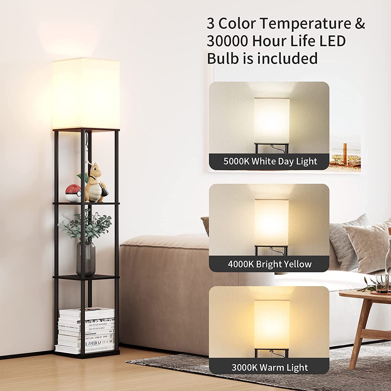 Floor Lamp with Shelves, Modern Square Standing Lamp with 3 Color Temperature Bulb, Corner Display Bookshelf Lamp for Living Room and Bedroom(Black)