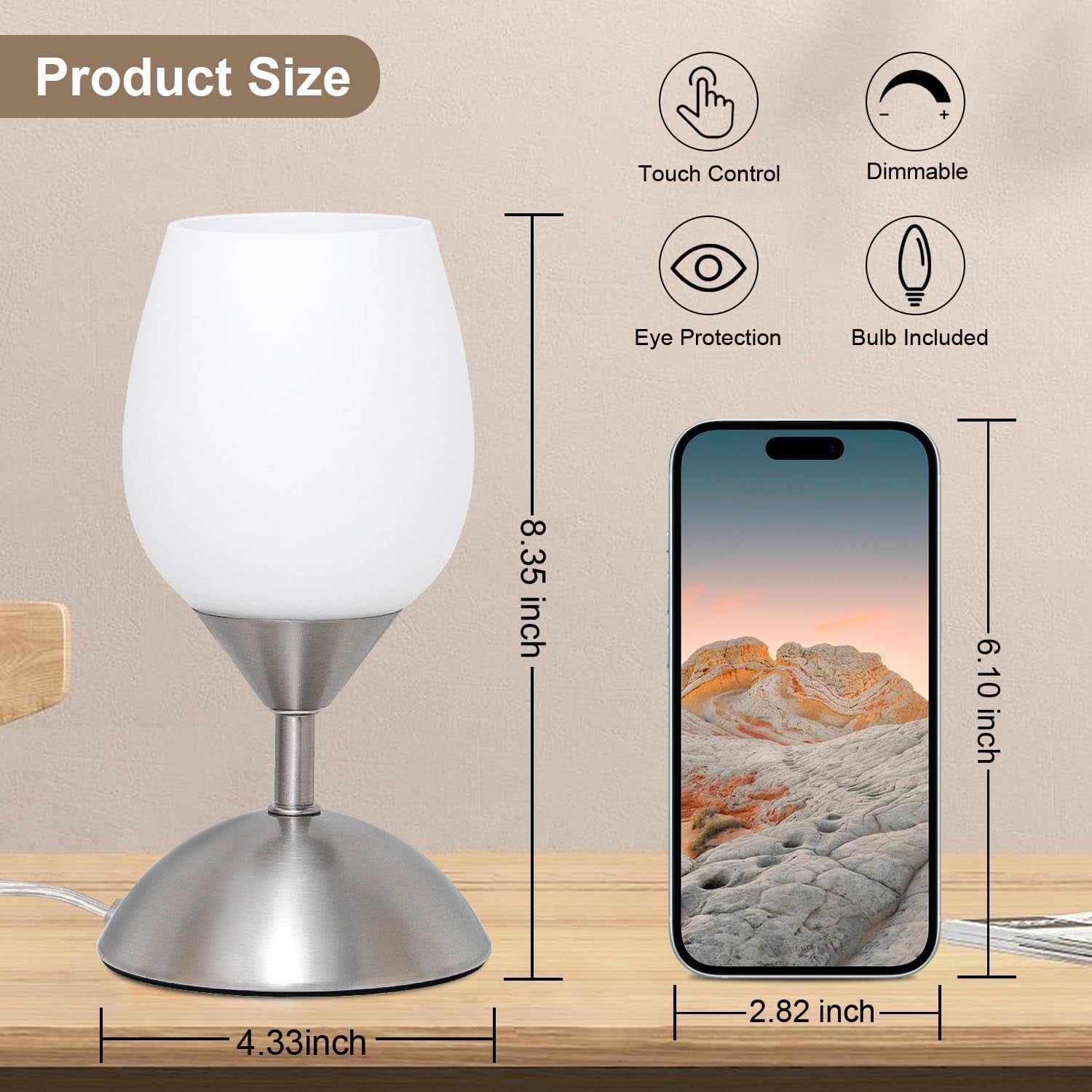 Small Touch Lamp for Bedroom Nightstand, 3-Way Dimmable Bedside Lamps Opal Glass Desk Lamp Silver Base, Tiny Table Lamp for Small Spaces Ambient Lighting for Living Room, E12 Bulb Included