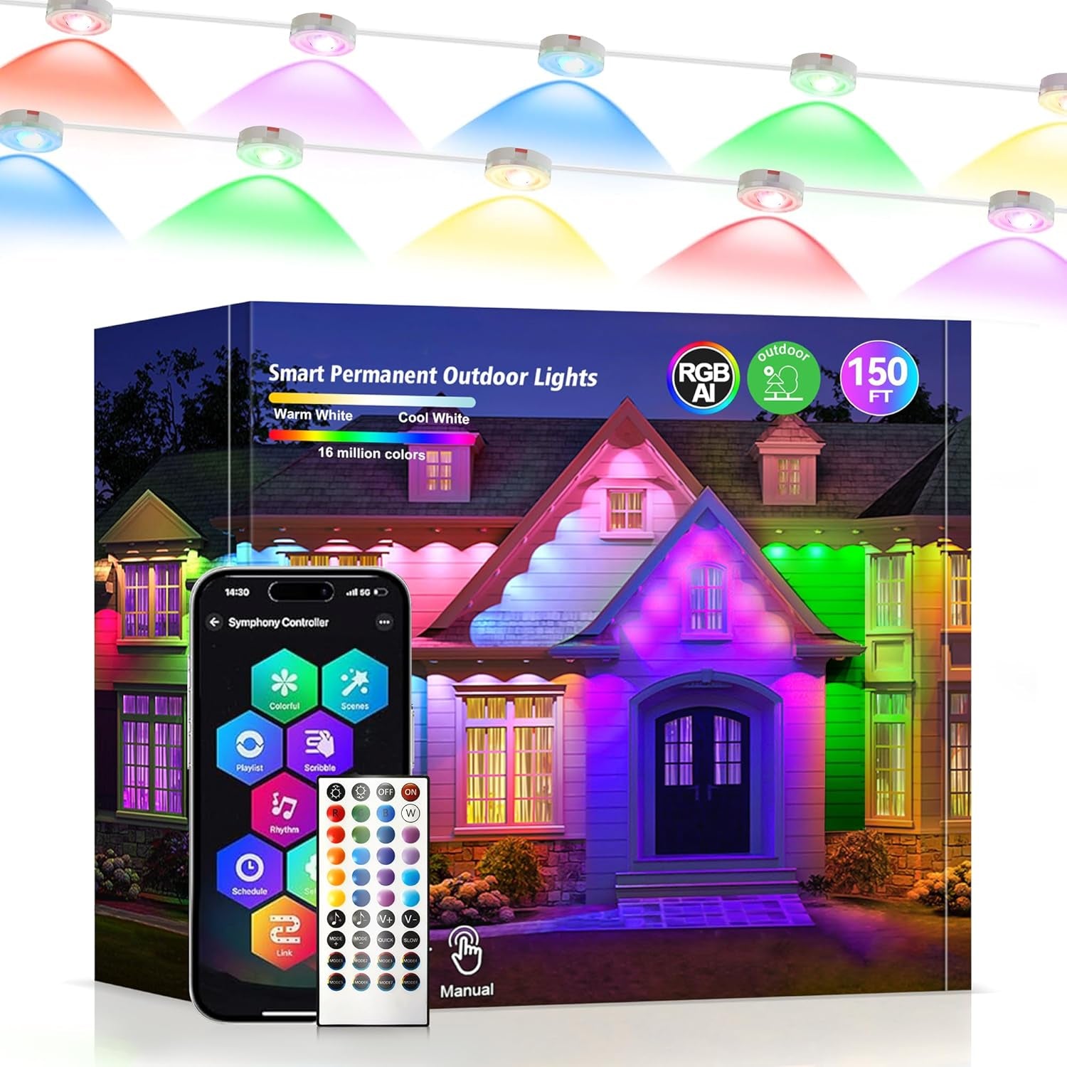 Permanent Outdoor Lights 150Ft RGB+IC Outdoor String Lights App Control IP67 Waterproof,100 Scene Modes Home for Christmas,Halloween,Holiday, Daily,Birthday Decor