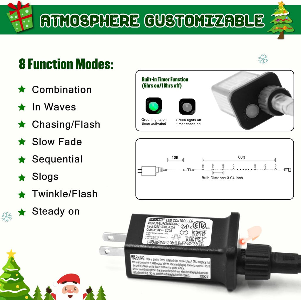 200 LED White Christmas Lights Outdoor, 66Ft Connectable Christmas Tree Lights Indoor Green Wire, 8 Modes Waterproof Twinkle String Lights Plug in for Wedding Party Xmas Decorations